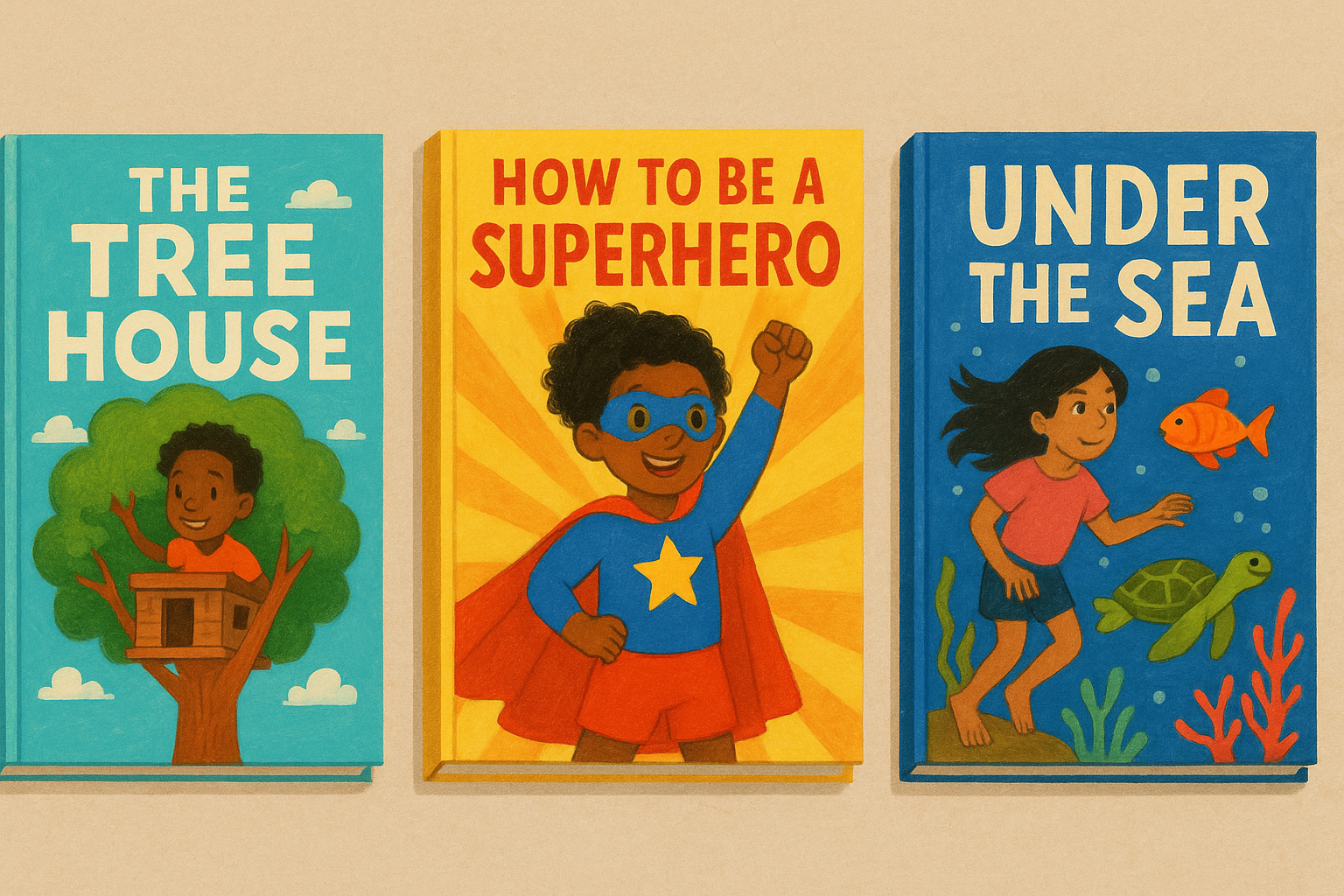 Colorful personalized children's books including The Tree House, How to be a Superhero, and Under the Sea
